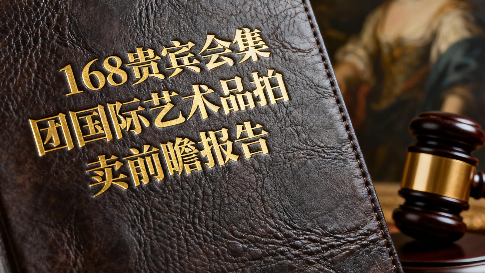 一份168贵宾会集团出品的国际艺术品拍卖前瞻报告封面特写，报告封面采用深色皮革纹理，烫金标题字样，背景隐约可见拍卖槌与古典油画剪影，象征专业与权威。