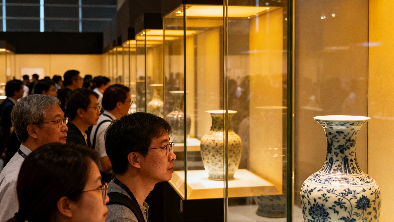 香港会展中心秋季拍卖预展现场，参观者有序排队近距离观赏展柜中的明清瓷器，展柜灯光柔和，瓷器釉面在灯光下泛着温润的光泽。